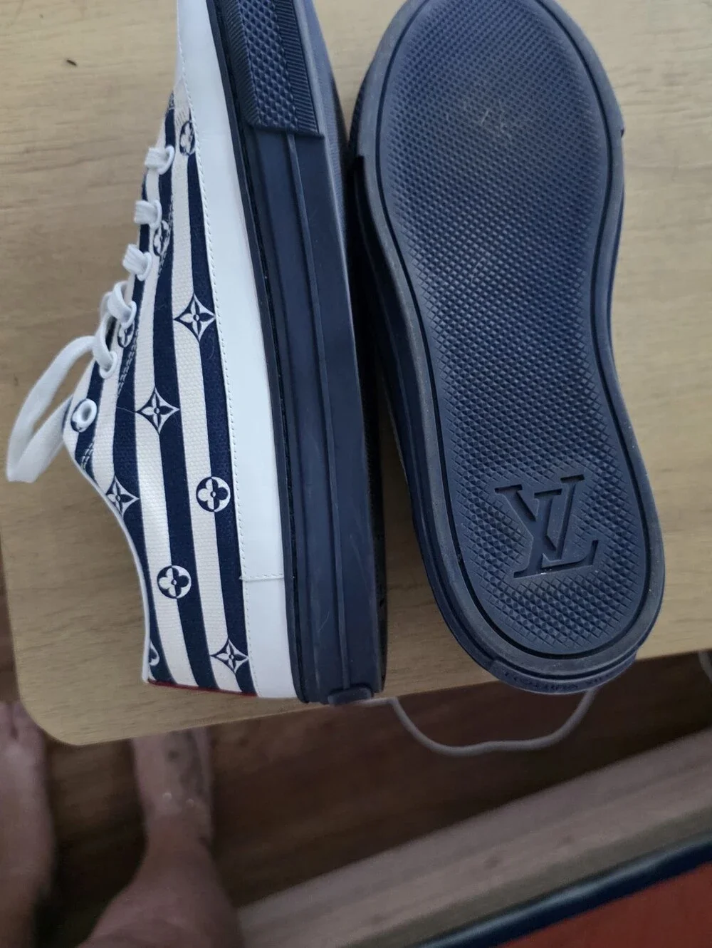 Louis Vuitton Navy White Striped Platform Sneakers With Red On The Back
